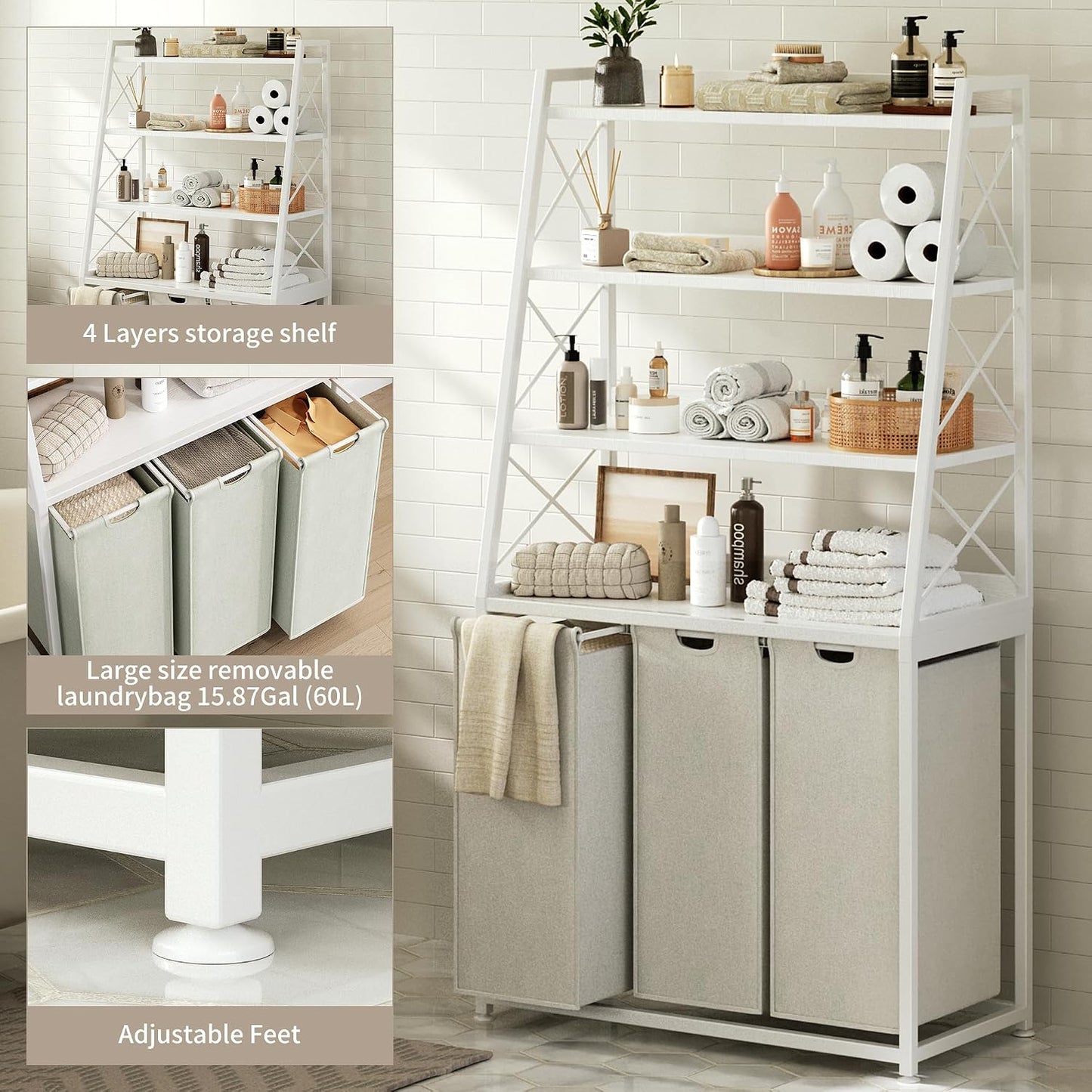 Herture Laundry Basket, 3 Section Laundry Hamper with 4 Tiers Shelf, Pull-Out and Removable Laundry Bags, Large 3 x 15.87 Gallons, for Laundry Room Bathroom Rustic Brown PF05XLN