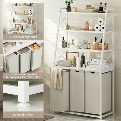 Herture Laundry Basket, 3 Section Laundry Hamper with 4 Tiers Shelf, Pull-Out and Removable Laundry Bags, Large 3 x 15.87 Gallons, for Laundry Room Bathroom Rustic Brown PF05XLN