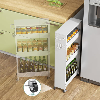 XYZLVSI Slim Storage Cart, Narrow Kitchen Rolling Cart for Small Spaces | 5.9" W skinny storage cart, 12.4" bottom metal utility cart with 360° swivel wheels for bathroom/laundry, slim shelf, white