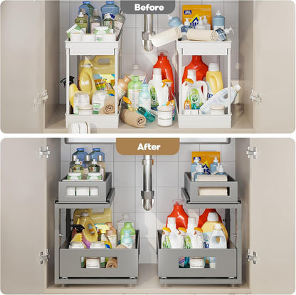 2 Pack Under Sink Organizer with Next-Gen Ball-Bearing Slides,2-Tier Pull Out Cabinet Storage,Height Adjustable Drawer Shelf for Bathroom,Kitchen,Laundry,Cabinet,Pantry(Patent Pending)