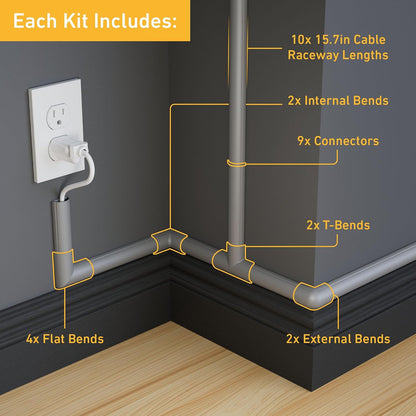 D-Line 157in Cord Cover Kit, Self-Adhesive Wire Hiders, Cable Raceway to Hide Wires on Wall, Electrical Cable Management - 10x 15.7 Lengths & 19 Accessories - 1.18" (W) x 0.59" (H) - Black