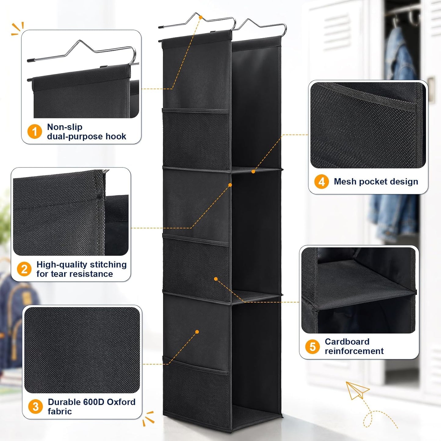 3-Shelf Hanging Locker Organizer for School, 600D Oxford Fabric Locker Shelf Organizer with 6 Mesh Side Pockets, Portable Hanging Storage for Work, Gym, and Closet Lockers