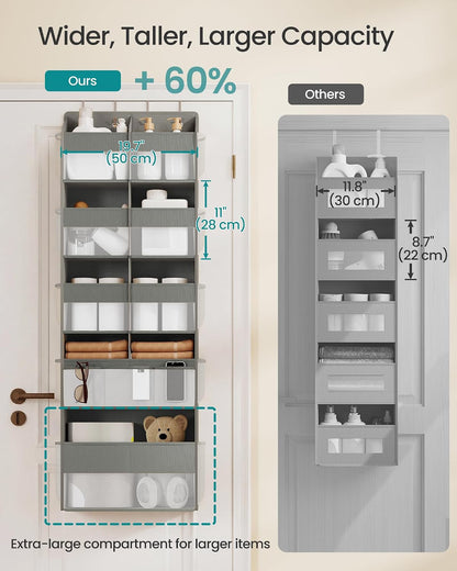 SONGMICS Over-the-Door Organizer, 9-Compartment Door Hanging Storage Shelf, Foldable Closet Hanging Organizer, Heavy-Duty, Metal Hooks, Transparent, Dove Gray URDH009GD01