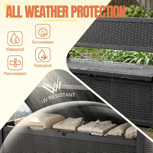 Storage Bench Outdoor Deck Box,100 Gallon Waterproof & UV Resistant Lockable Patio Furniture Seating.Indoor/Outdoor Shoe Storage Cabinet for Garden Cushions,Tools,Patio,Pool Supplies(Black)