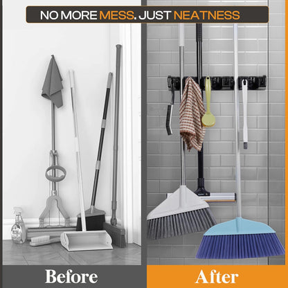 Heavy-Duty Stainless-Steel Broom Holder Wall Mount with 3 Racks and 4 Hooks | Waterproof Mop and Broom Hanger | Adjustable, Garage & Garden Tool Organizer | Black