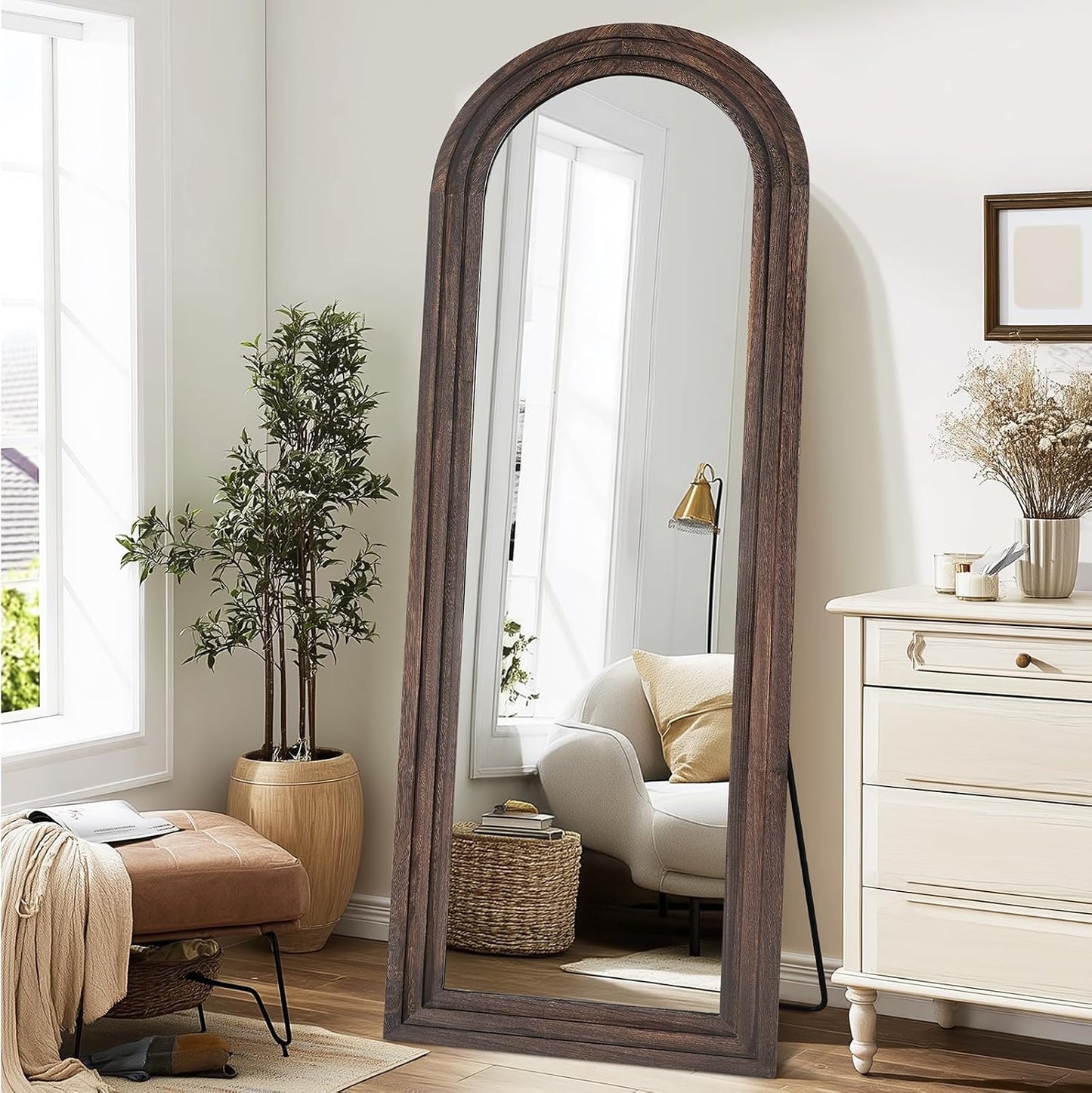 Solid Wood Full Length Mirror - 65"x22" Arched Floor Mirror, Free Standing & Wall Mounted - Elegant Design for Bedroom, Dressing Room, Hallway, Brown
