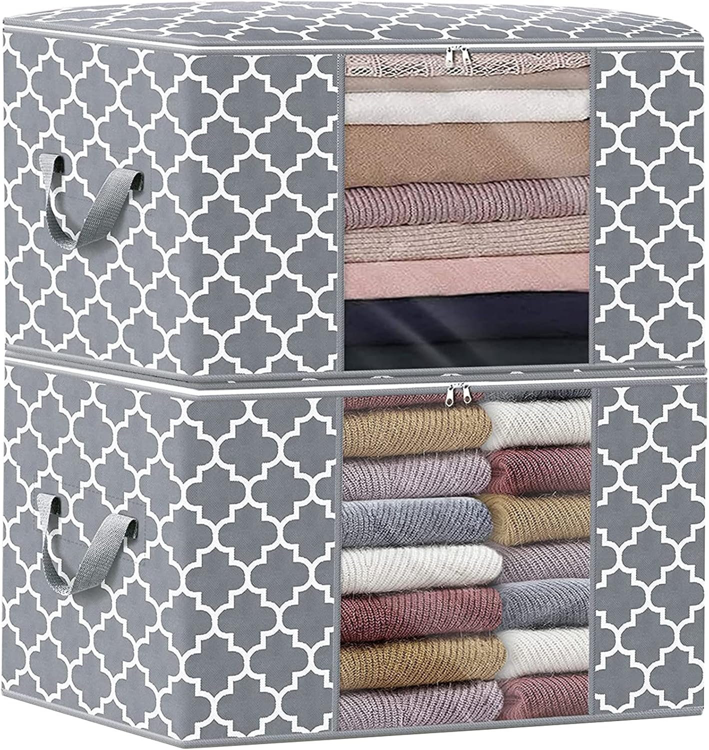 WISELIFE Storage Bags, Large Blanket Clothes Organization and Storage Containers for Bedding, Comforters, Foldable Organizer with Reinforced Handle, Clear Window,Sturdy Zippers,(Grey, 3 x 100L)