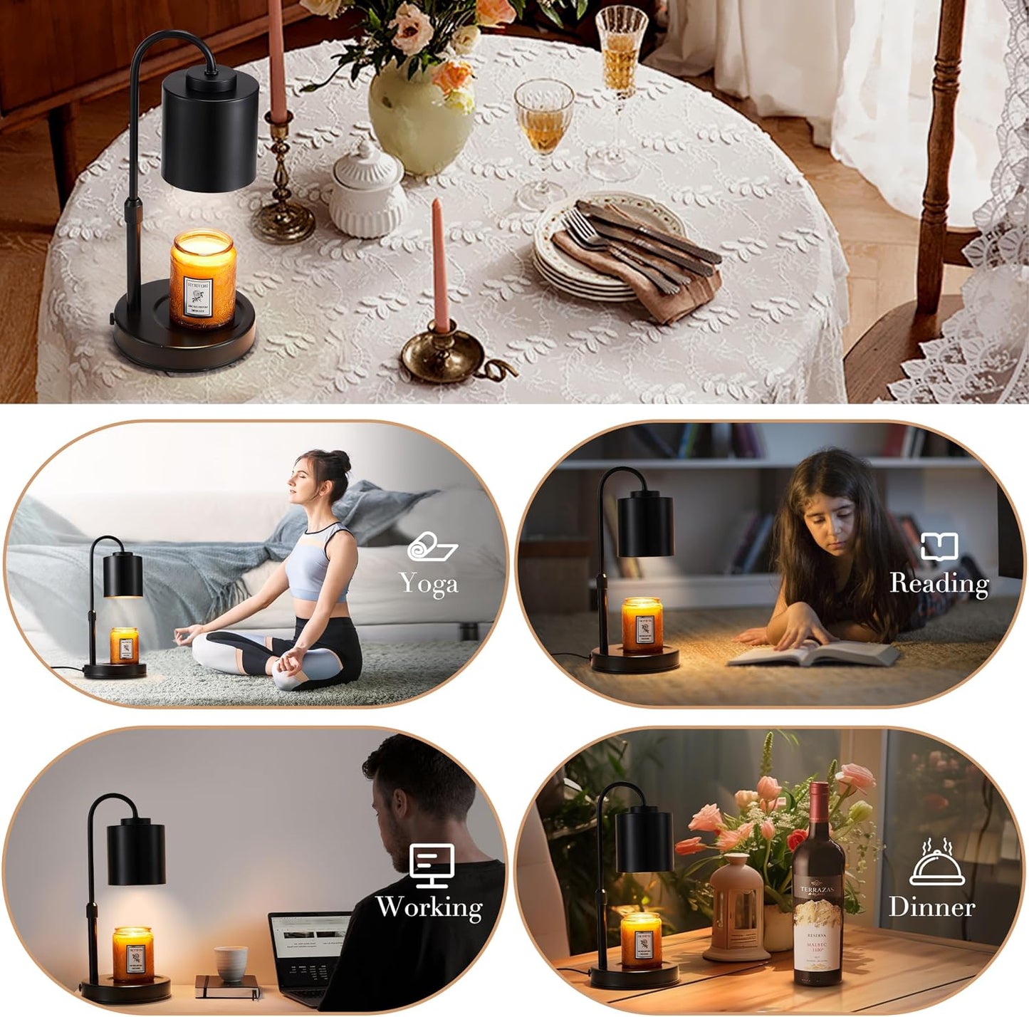 CASTLELIFE Dimmable Candle Warmer Lamp with Timer, Height Adjustable Candle Warmer for Jar Candles, Electric Wax Melt Warmer for Home Decor House Warming Gifts, Birthday Gifts for Women, Black Clear