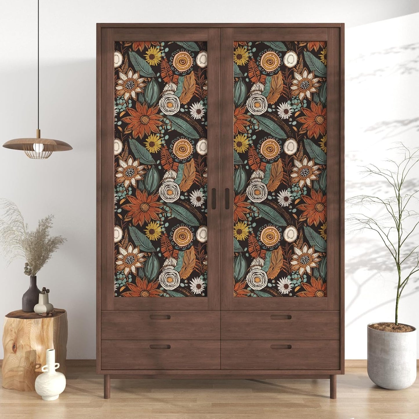 Blue Wallpaper Peel and Stick,Vintage Boho Floral Contact Paper 17.5" x 118", Retro Botanical Flower Wall Paper Self Adhesive Removable Waterproof for Walls Shelves Cabinet Table (Blue,Yellow, Green)