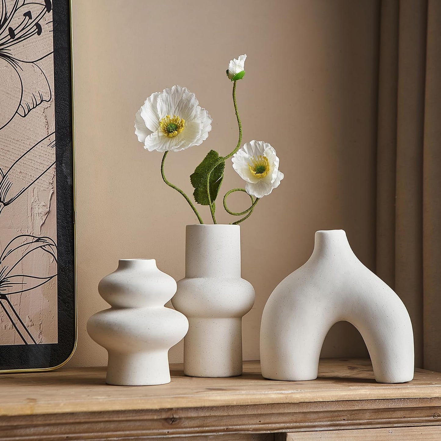 White Ceramic Vase Set of 3, Small Flower Vases for Pampas Grass, Modern Boho Vase for Decor, Round White Vases Centerpieces for Wedding Living Room Bedroom Coffee Table Dinner Table