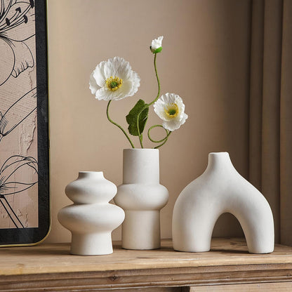 White Ceramic Vase Set of 3, Small Flower Vases for Pampas Grass, Modern Boho Vase for Decor, Round White Vases Centerpieces for Wedding Living Room Bedroom Coffee Table Dinner Table