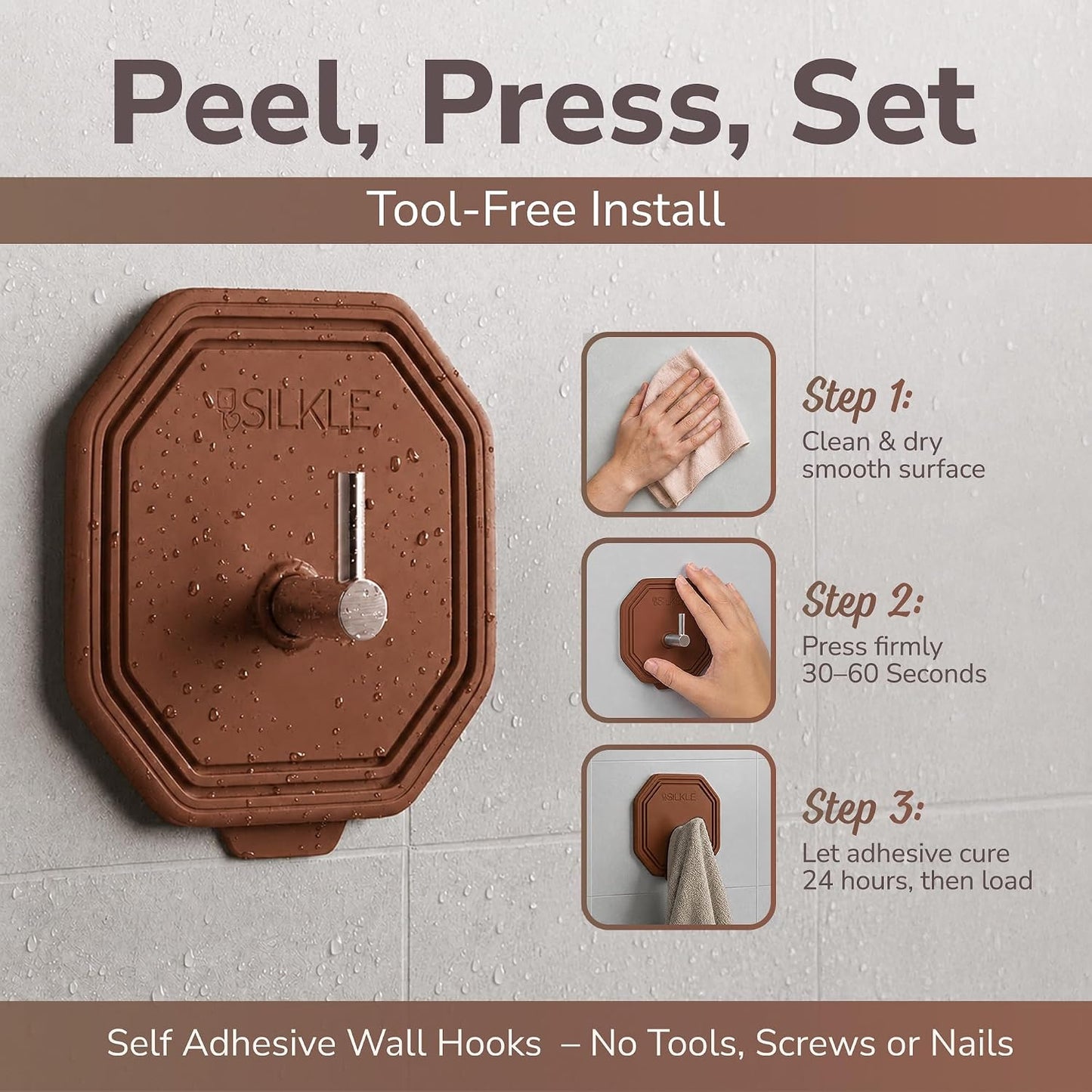 SILKLE Adhesive Silicone Shower Hooks - Adhesive Wall Hooks & Towel Holder for Bathroom, Tile, Glass, No-Drill, Waterproof & Rustproof, Heavy-Duty Stainless Steel, Damage-Free Removal - 2 Pack, Brown