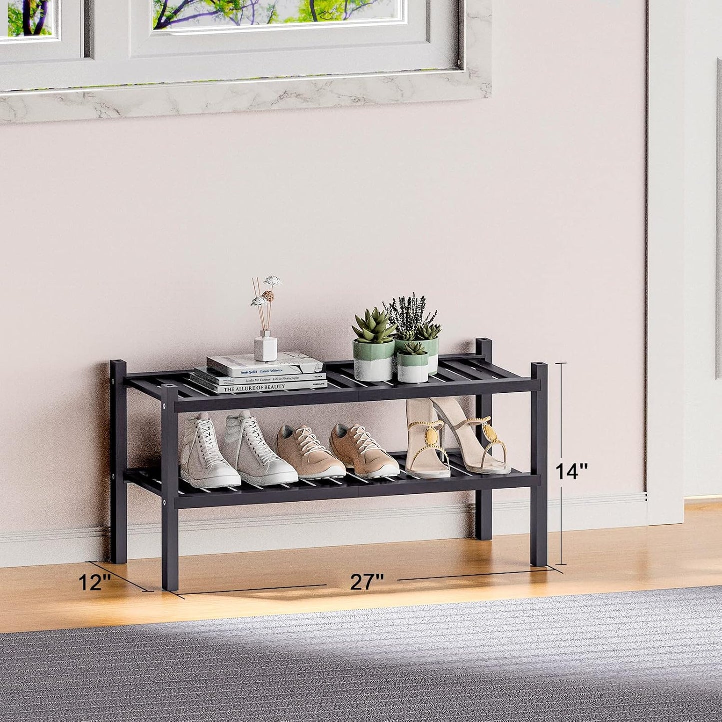 ROMGUAR CRAFT 3 Tier Bamboo Shoe Rack for Closet Free Standing Wood Shoe Shelf Storage Organizer for Entryway Small Space Stackable 27"x11"x20" (Natural)