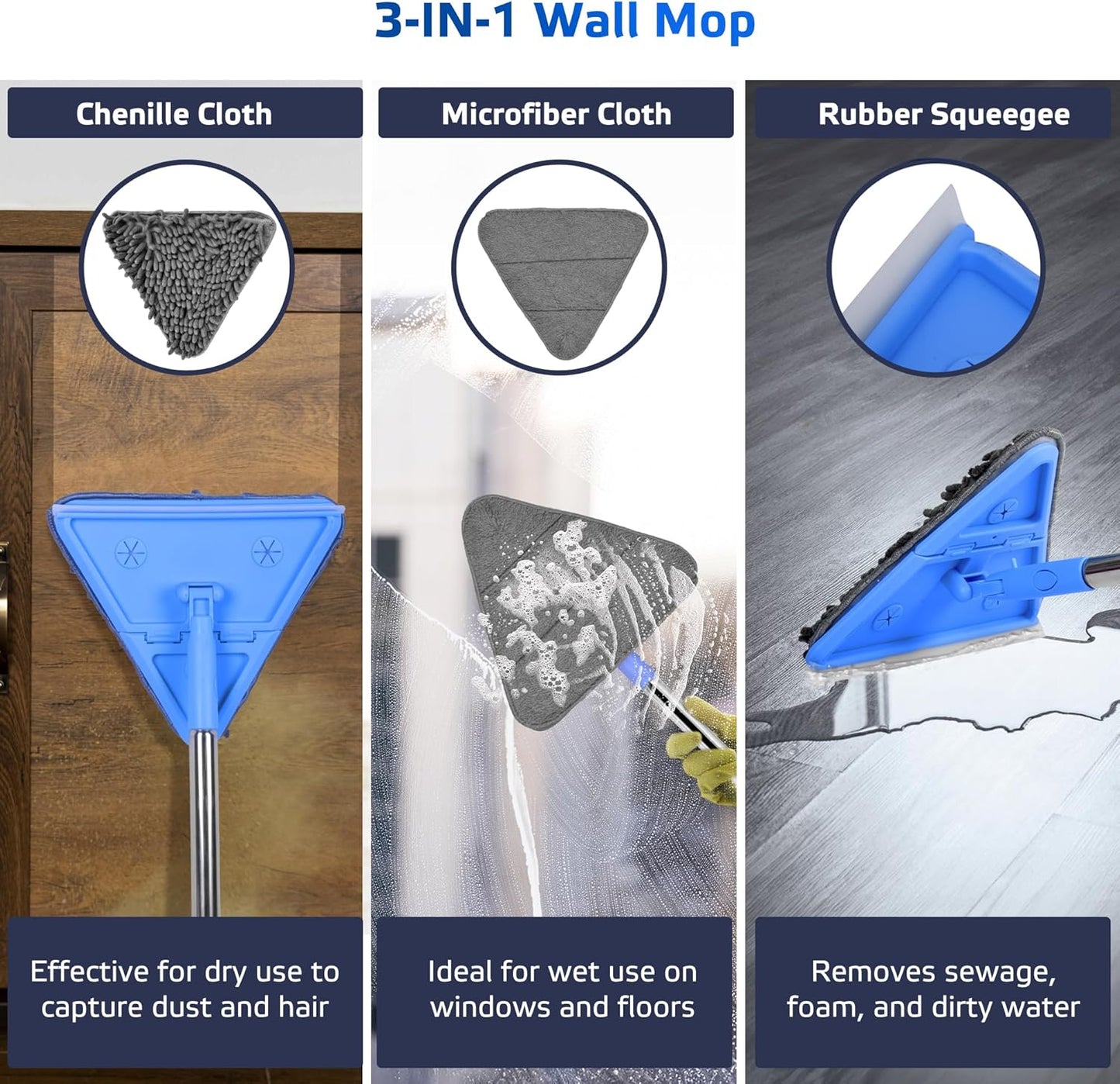 DSV Standard Wall Mop, 77 Inches Long Handle Wall Cleaner with Squeegee, 3-in-1 Wall Cleaner Mop with 3 Microfiber and 3 Chenille Pads, 360° Wall Cleaning Tool for Ceiling, Baseboard, Window, Floor