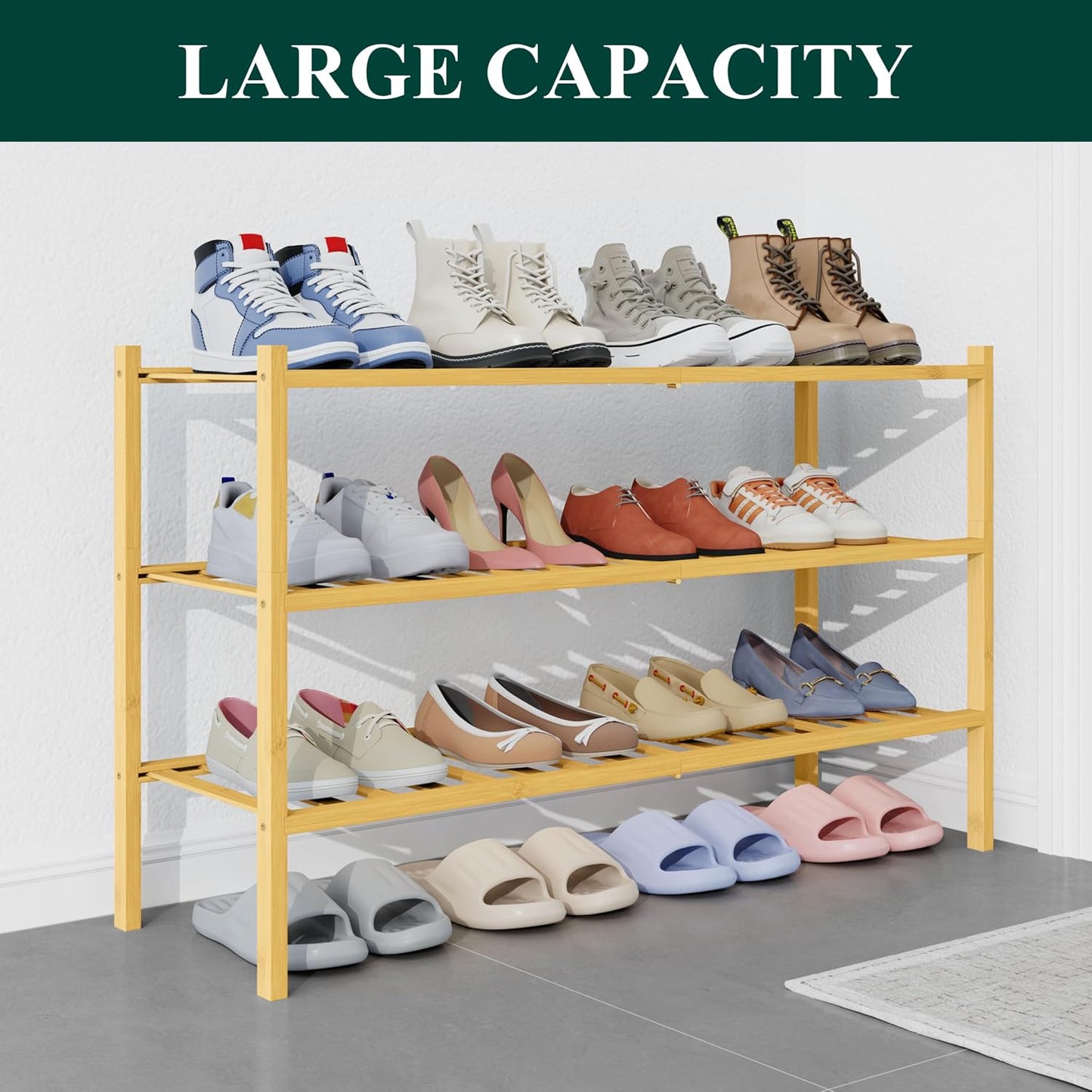 Smiry Bamboo Shoe Rack for Closet, 3 Tier Wooden Shoe Organizer, Stackable Wood Shoe Storage Shelf for Entryway, 14 Vertical Slats, One-piece Heavy-Duty Legs, 26.77"x11.02"x18.31", Natural