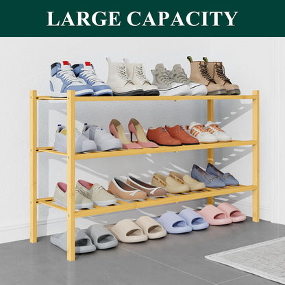 Smiry Bamboo Shoe Rack for Closet, 3 Tier Wooden Shoe Organizer, Stackable Wood Shoe Storage Shelf for Entryway, 14 Vertical Slats, One-piece Heavy-Duty Legs, 26.77"x11.02"x18.31", Natural