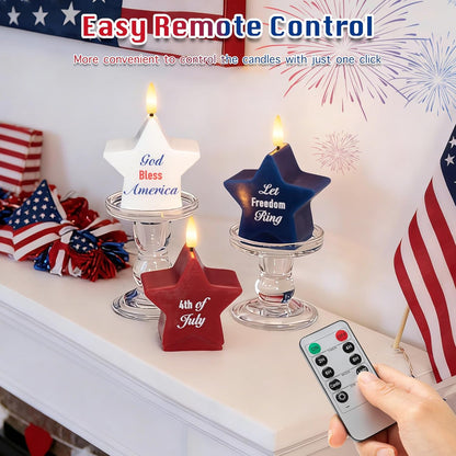 4th of July Flameless Pillar Candles with Remote, Patriotic Red White and Blue Battery Operated Star Shaped LED Pillar Candle Set of 3, Independence Day Decorations for Home Party Table Fireplace