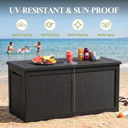Waterproof Outdoor Storage Box Outside Deck Box Lockable Resin Bench UV Resistant Furniture Cushion Pool Tool Float Bin Patio Garden Porch (Black, 120 Gallon)