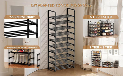 Shoe Rack, 10 Tier Shoe Storage Organizer with Hooks,Fit 40-45 Pairs Shoes,Metal Tall Shoe Shelf for Closet,Entryway, Hallway,Garage,Bedroom,Cloakroom