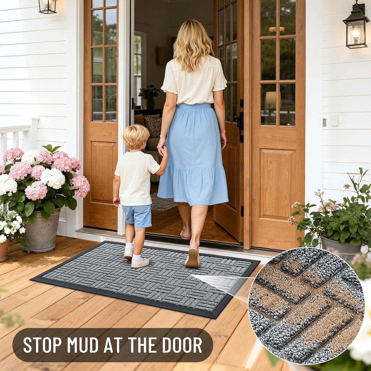 OLANLY Front Door Mat Outside Entrance 29.5x17, Absorbent, Heavy Duty Sturdy Natural Rubber Doormat Indoor Outdoor, Stain and Fade Resistant, Non-Slip Backing Low Profile Floor Mat for Entryway, Grey
