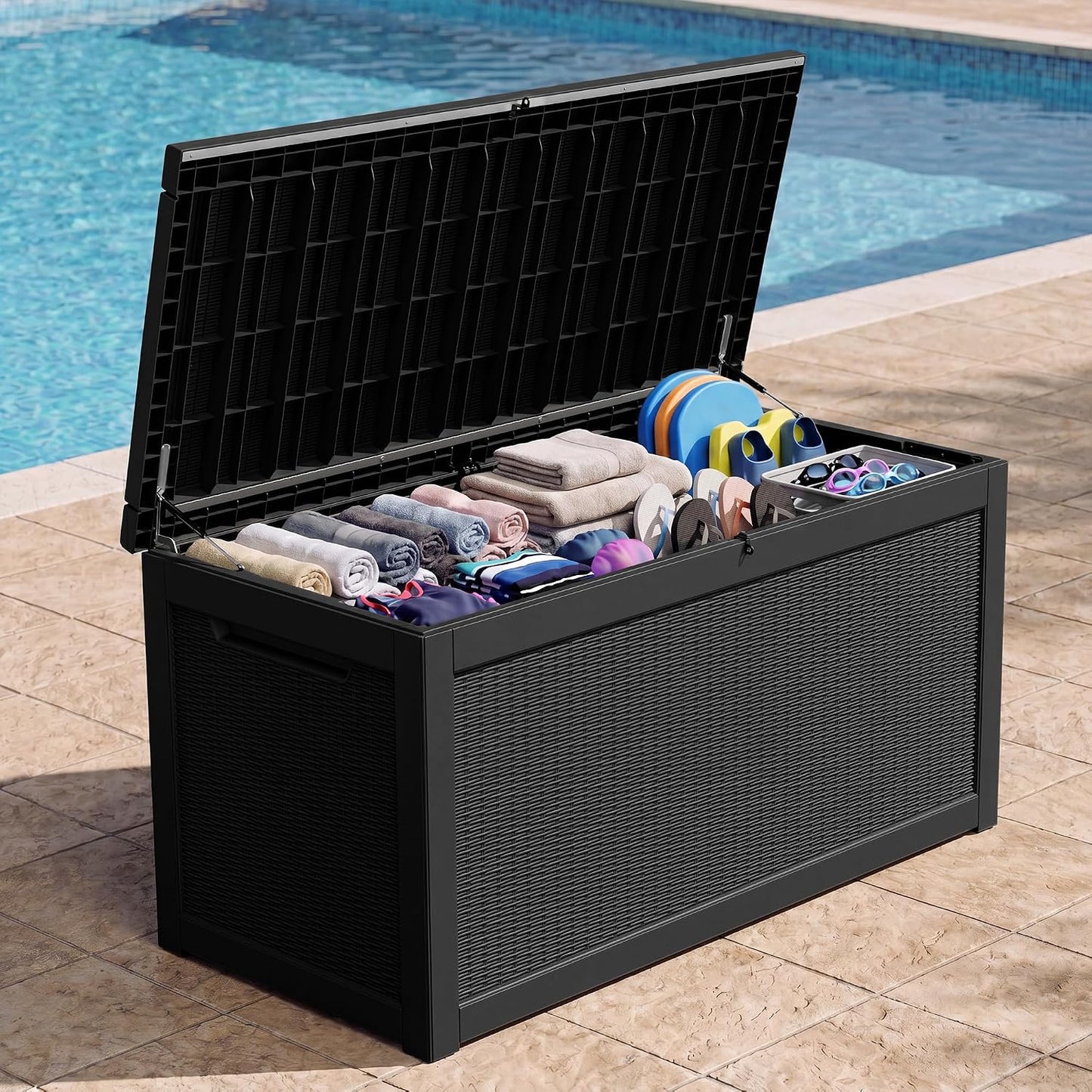 Outdoor Storage Box, 31 Gallon Resin Deck Boxes Outdoor Waterproof For Patio Furniture, Garden Tools, Pool Supplies, Lockable And UV Resistant (Rattan Gray)