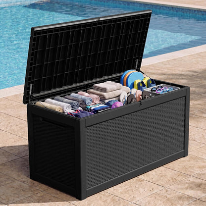 Outdoor Storage Box, 31 Gallon Resin Deck Boxes Outdoor Waterproof For Patio Furniture, Garden Tools, Pool Supplies, Lockable And UV Resistant (Rattan Gray)