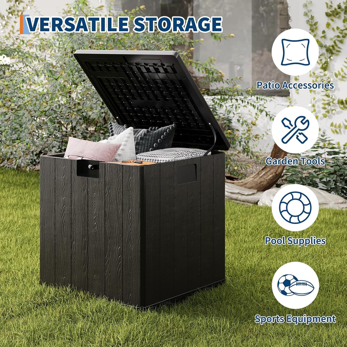 28-Gallon Waterproof Outdoor Storage Box, Lockable Resin Deck Box with Lid, Patio Storage Bin for Pool, Garden Tools & Backyard, All-Weather Protection, Black Wicker