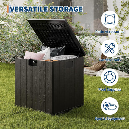 28-Gallon Waterproof Outdoor Storage Box, Lockable Resin Deck Box with Lid, Patio Storage Bin for Pool, Garden Tools & Backyard, All-Weather Protection, Black Wicker