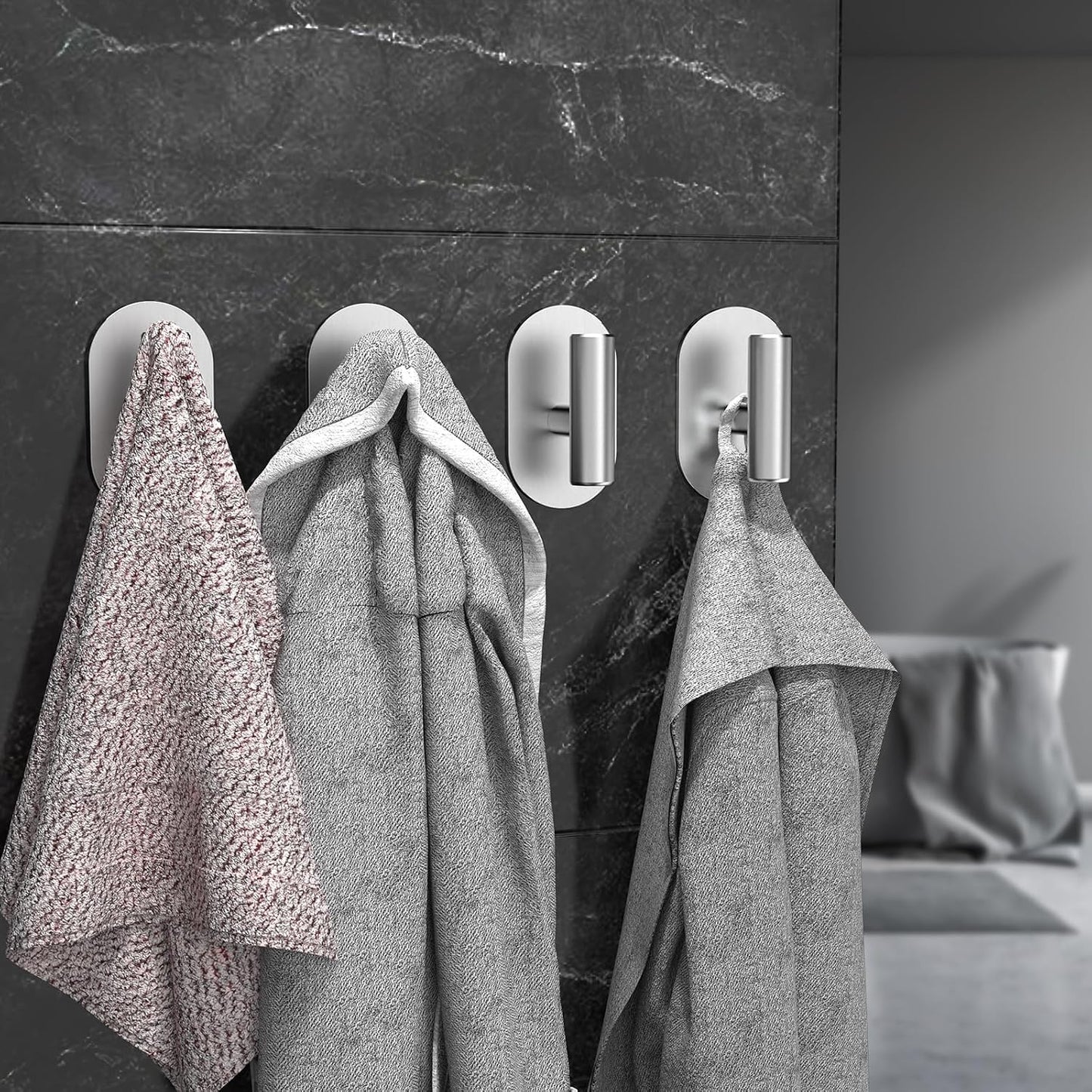 Aikzik Black Adhesive Hooks Heavy Duty-Max 26lb, Wall Hooks for Shower, Bathroom, Towel, Coat, Robe, Stainless Steel Hooks for Hanging, Sticky Hooks for Walls No Damage- 4 Pack