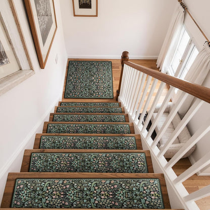 OJIA Floral Stair Treads Non-Slip Stair Runner for Wooden Steps Indoor 15PCS 30"x8" Carpet Stair Treads Stair Mats Staircase Step Treads for Kids, Elders and Dogs, Stair Covers, Black