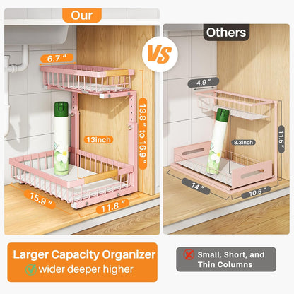 PXRACK Under Sink Organizer, Adjustable Height, 2 Tier Pull Out Under Cabinet Organizer, Slide Out Thickened Metal Under Sink Storage for Kitchen Bathroom Laundry Pantry Cabinet, White, Large-1-Pack