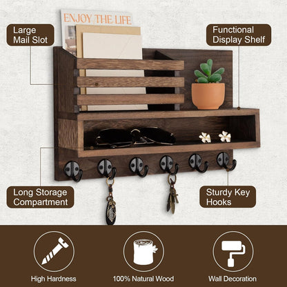 Key and Mail Holder Wall Mount, Key Hanger with Long Storage Box and 5 Hooks for Coat, Dog Leash, Home Decor Rack, House Accessories, Entry Way Organizer 11.8”W x 7.8”H x 3.2”D