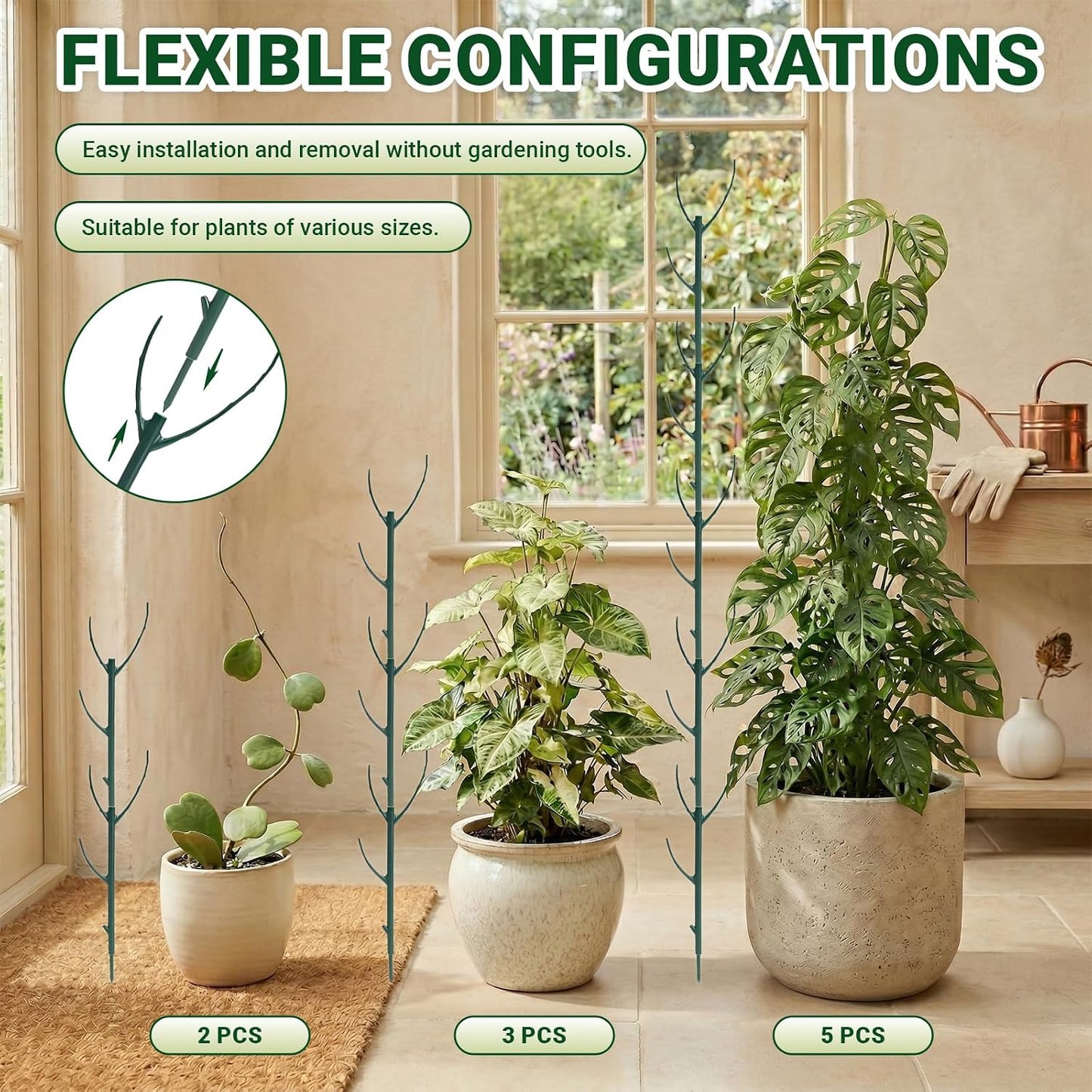 5pack Monstera Plant Support – Stackable Indoor & Outdoor Support, for Climbing Plants, Pothos & Other Small Plants, with Clamps & Other Planting Accessories, Perfect Moss Pole Replacement
