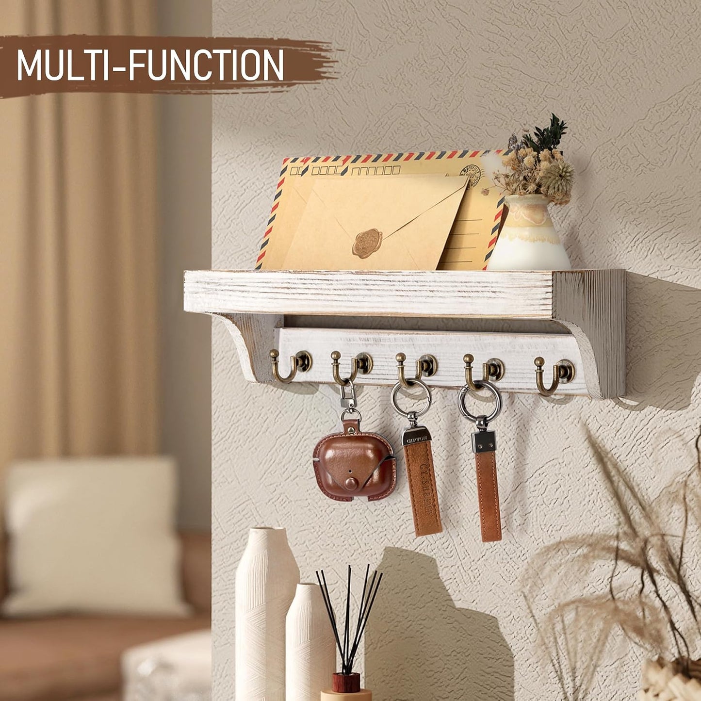 Rebee Vision Farmhouse Key Holder for Wall - Decorative Wooden Mail Organizer with 5 Rustic Key Hooks and Floating Shelf for Home Decor, Hallway, Entryway, Appartment (Retro Brown)