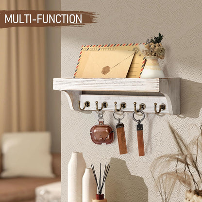 Rebee Vision Farmhouse Key Holder for Wall - Decorative Wooden Mail Organizer with 5 Rustic Key Hooks and Floating Shelf for Home Decor, Hallway, Entryway, Appartment (Retro Brown)