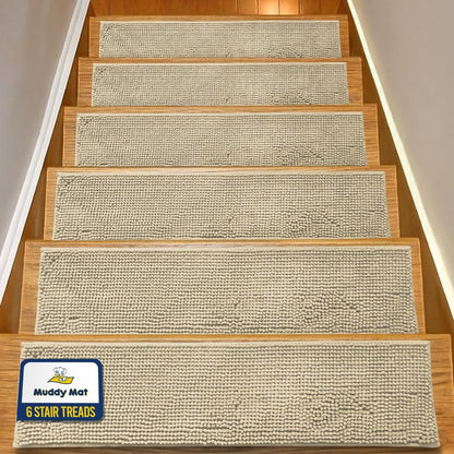 Muddy Mat® Pack of 4 - Soft Chenille Stair Treads Non-Slip Reusable, Super Absorbent Stair Treads for Wooden Steps, Tile & Marble Floor, Easy to Install & Machine Washable - Brown 30'' x 7''