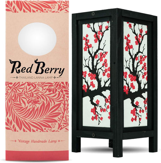 RED BERRY THAILAND LANNA LAMP Japanese Sakura/Cherry Blossom LAMP - Handmade Wood Table Lamp with Mulberry Paper Shade - Vintage Indoor Decor, 5 x 5 x 11 inches, 0.75 pounds