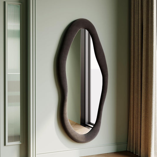 Honyee Full Length Mirror, 63" x 24" Wall Mirror, Flannel Wrapped Wooden Frame Floor Mirror, Irregular Wavy Mirror Hanging or Leaning Against Wall for Cloakroom/Bedroom/Living Room, Milk Tea