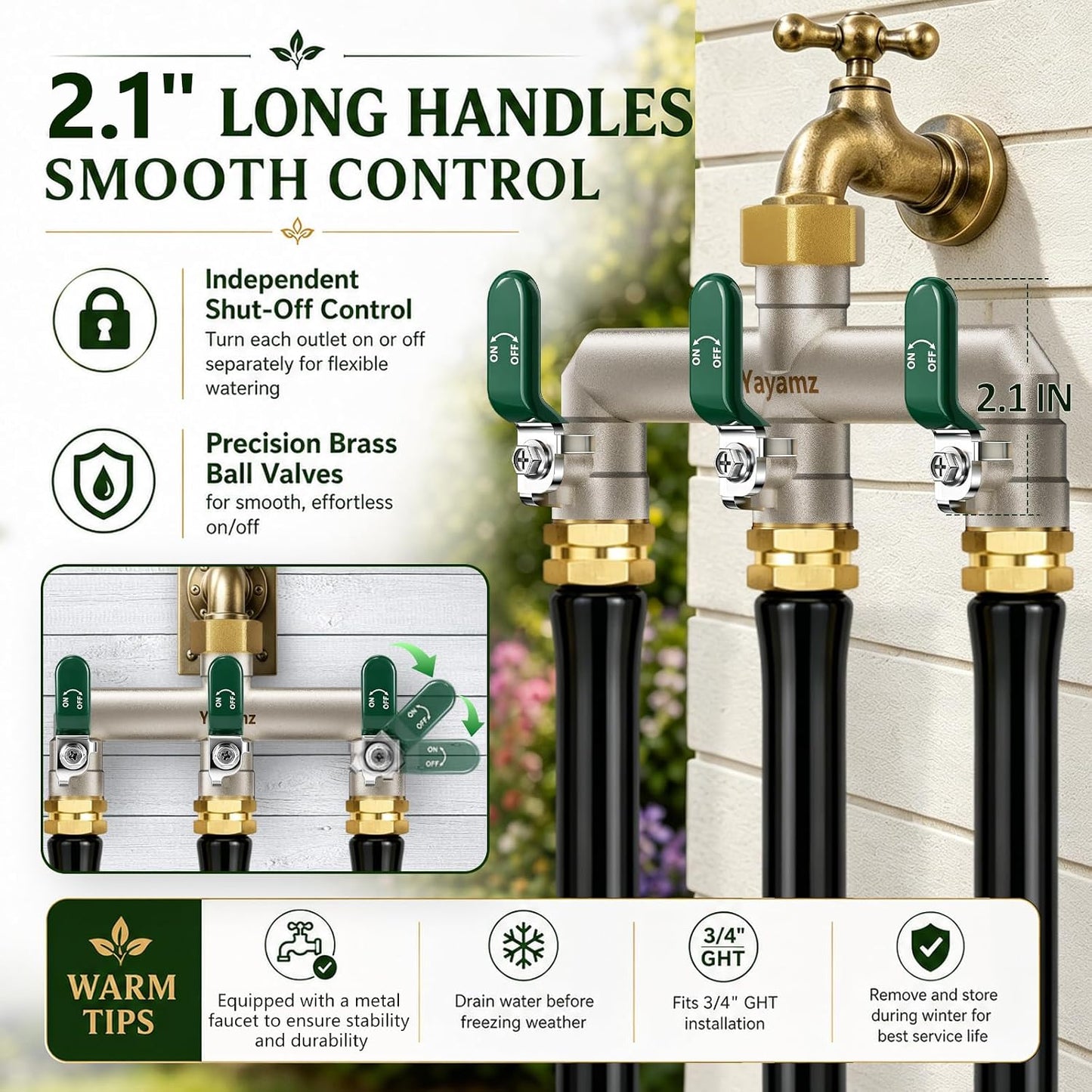 Garden Hose Splitter 3-Way, Heavy Duty Brass Hose Splitter | Outdoor Water Spigot Splitter, Full Flow, Long Handles, Shut-off Valves, Wide Spacing Fit Large Timer