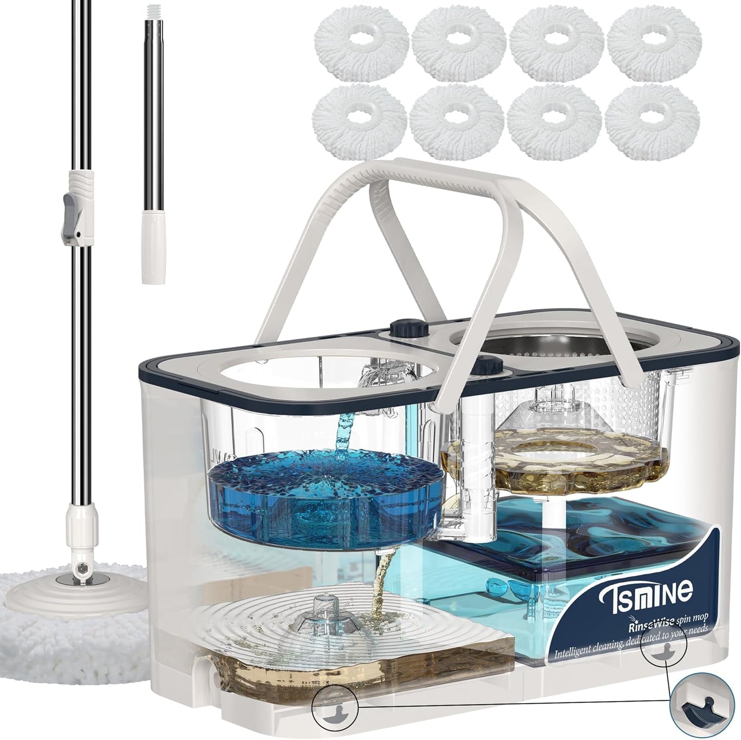 Spin Mop for Large Homes & Big Floor Cleaning, Clean & Dirty Water Separation Mop Bucket for Family & Pet Homes,4-Chamber System, Glide Wheels, Safe for Hardwood & Tile, Adjustable Handle, 6 Mop Heads