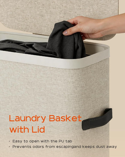 CASAMAYA Laundry Basket with Lid, Laundry Hamper 3 Section, 190L collapsible Laundry Organizer, Easy Assembly, with Handles and Removable Liners, 25.2 x 15.7 x 29.5 Inches, Beige JSP904M