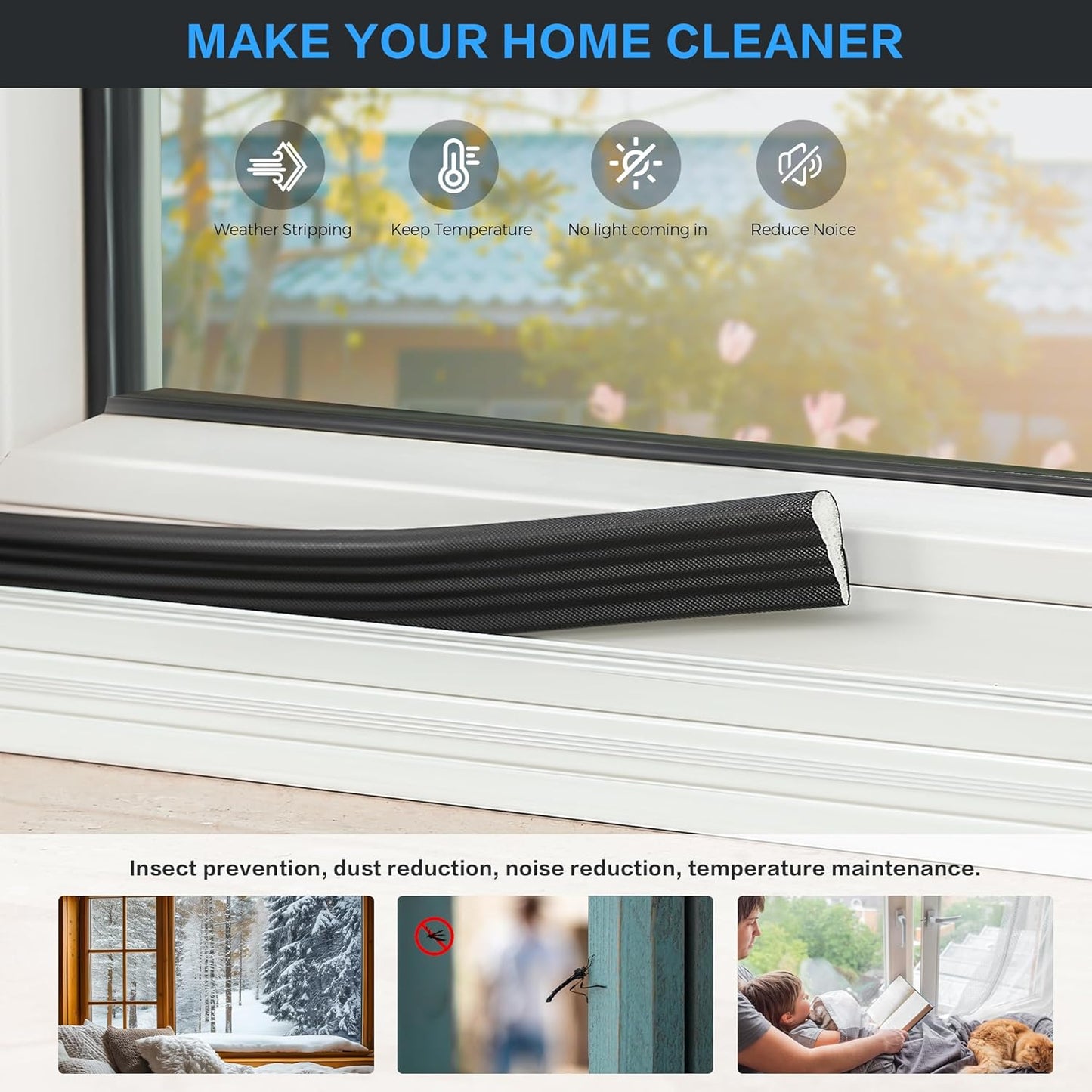 196 Inch Self-Adhesive Wedge Weather Stripping Door Seal & Window Insulation - Soundproof Gap Filler, Draft Stopper Foam Tape for Door Frame, Black