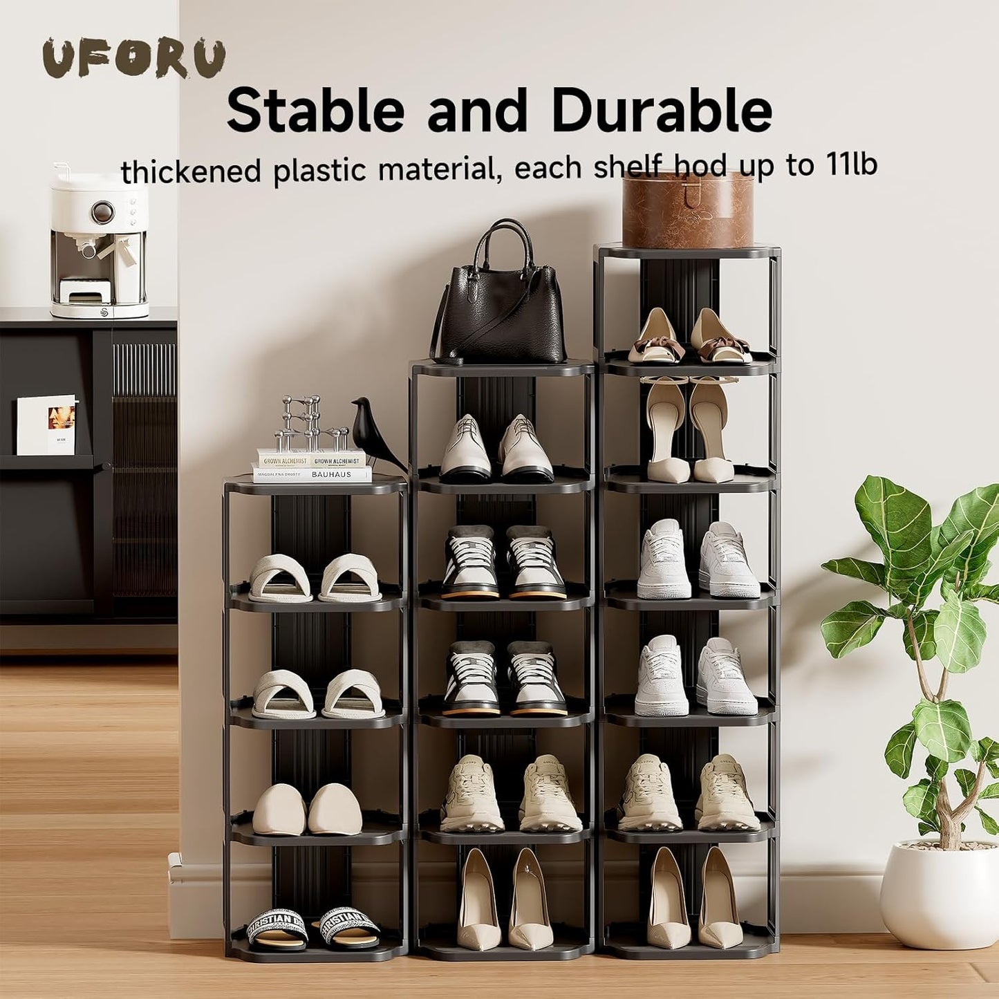 UFORU Small Shoe Rack, 5 Tier Plastic Vertical Shoe Rack for Small and Narrow Spaces, Free Standing Shoe Organizer for Closet, Entryway