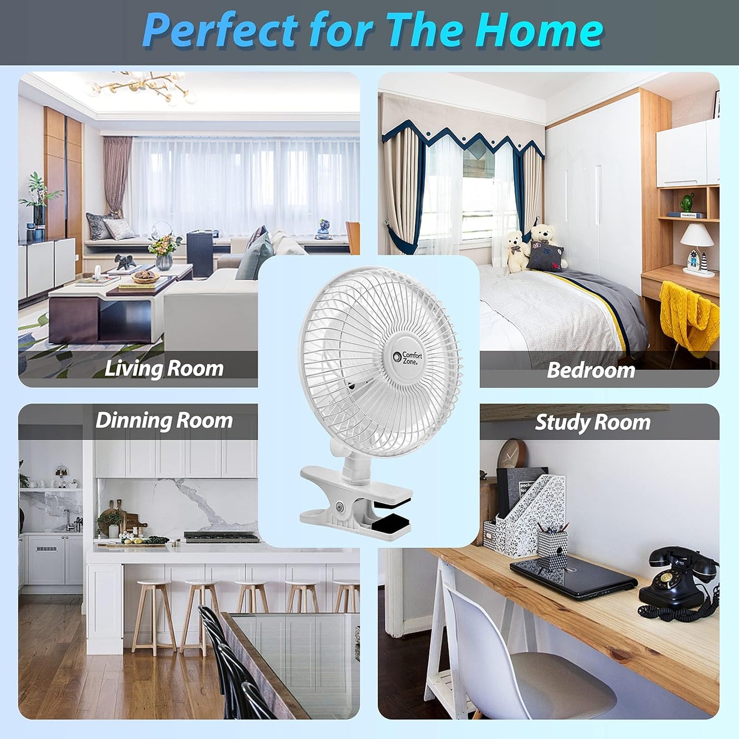 Comfort Zone 6-Inch Corded Clip-On Personal Fan – 2-Speed Quiet Desk Fan with 360° Rotation, Fully Adjustable Tilt & Secure Strong Clamp – Mini Air Circulator for Desks, Bedside & Office