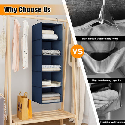 Hanging Closet Organizer 3-Shelf, Oxford Fabric Wardrobe Storage, Gray | Easy-mount foldable design holds clothes, handbags, shoes & accessories; washable Oxford fabric, sturdy and space-saving.