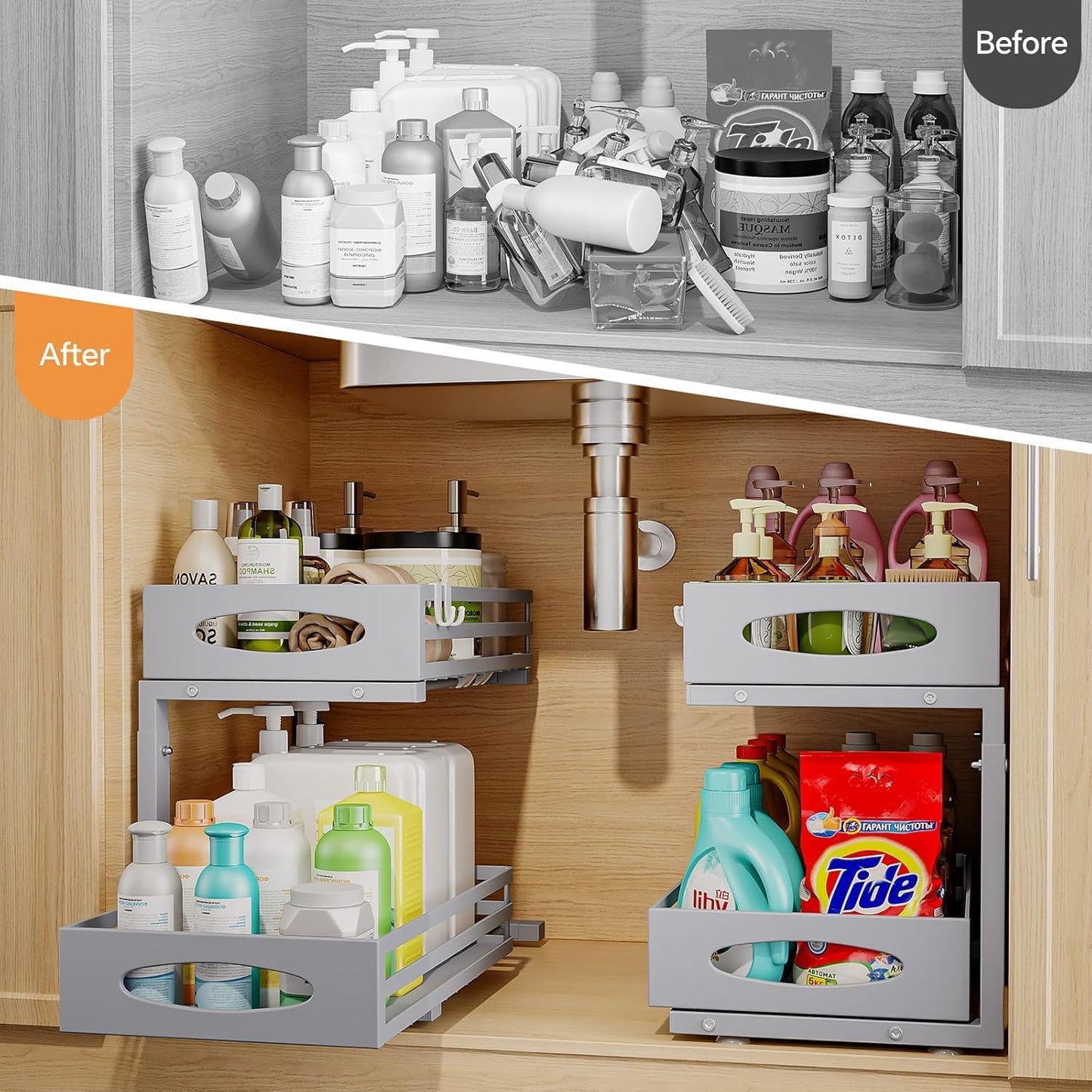 mixeshop Under Sink Organizer, 2 Tier Under Sink Organizers and Storage, Adjustable Height, Slide out Metal Cabinet Organizers, Pull out Cabinet Storage Drawer Shelf for Kitchen Bathroom (Black, 2)