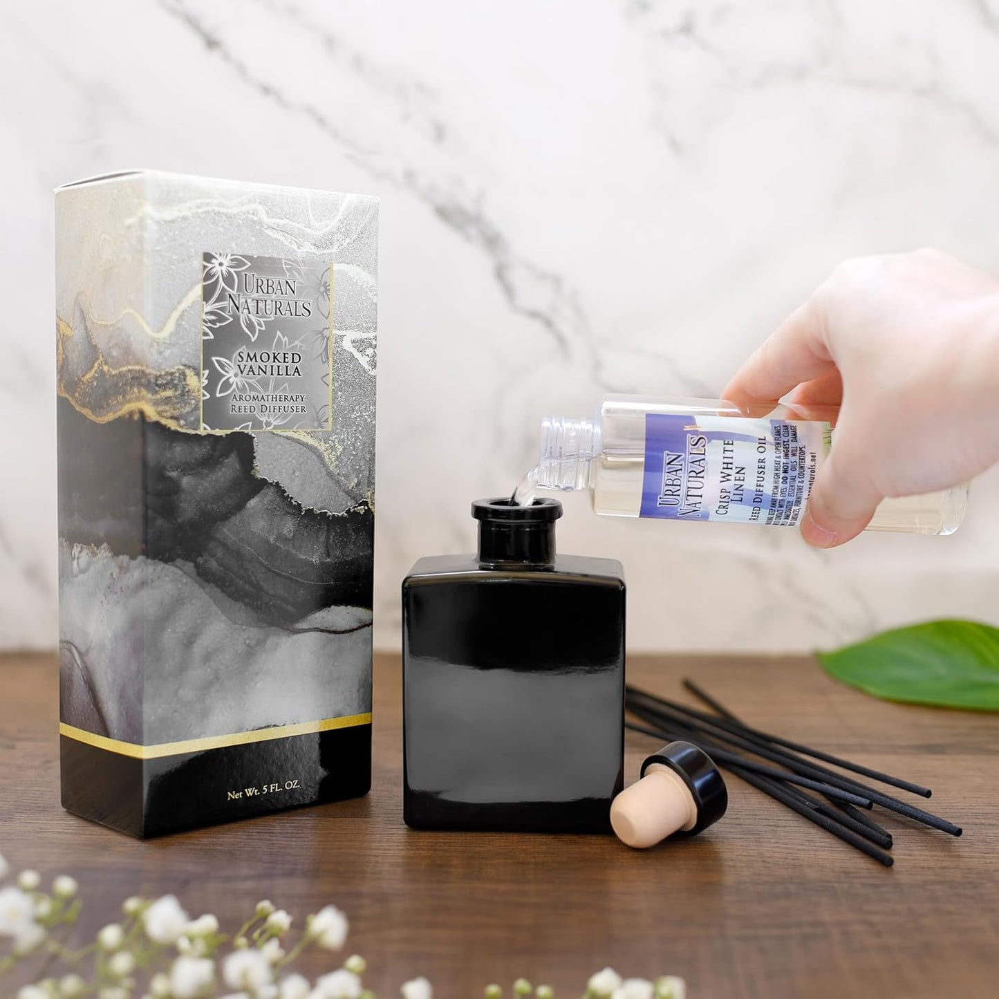 Urban Naturals Smoked Vanilla Reed Diffuser Set with Vanilla Bean, Sandalwood & Leather – 5 Ounce Sleek Black Rectangular Refillable Glass Bottle – Made in the USA