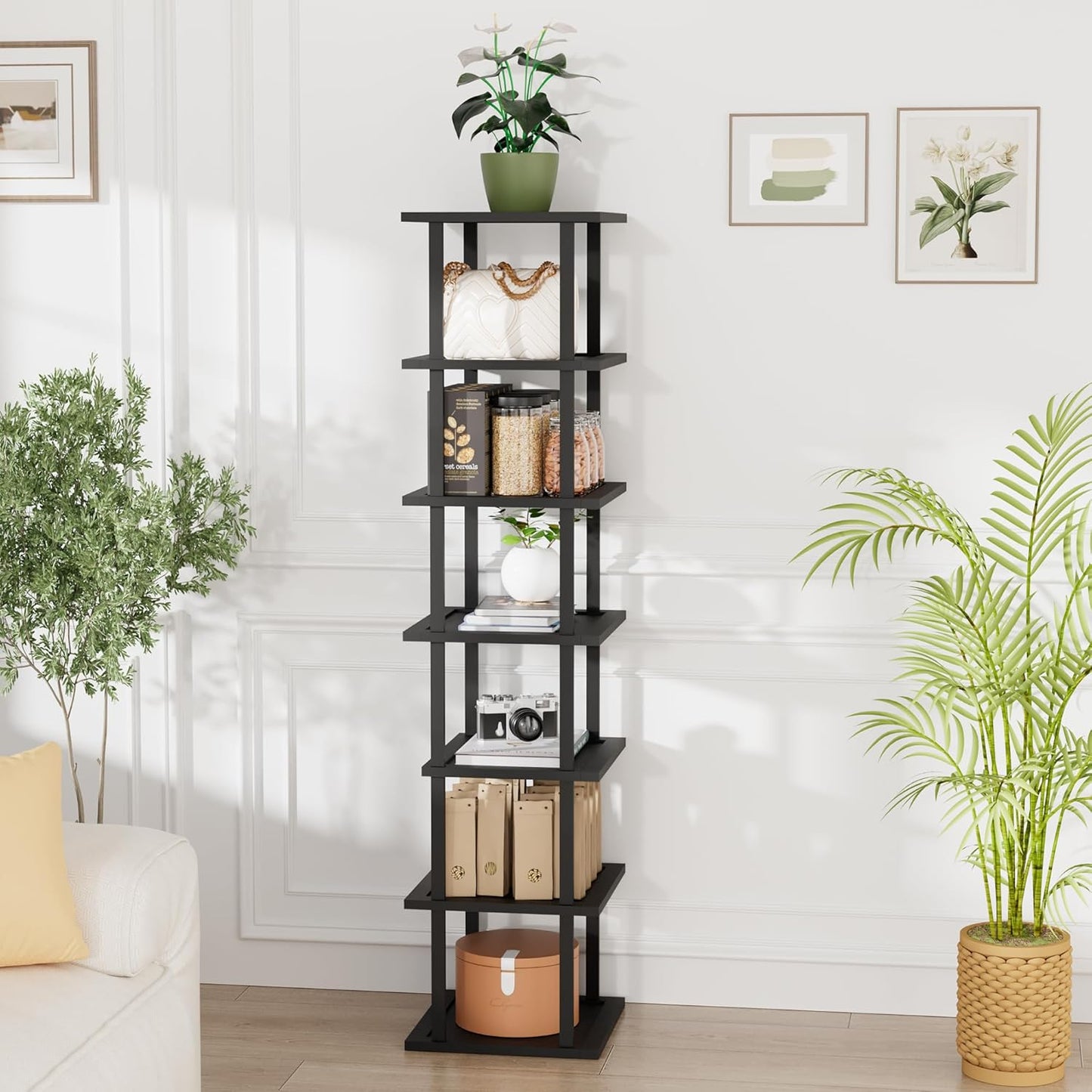 Vertical Tall Shoe Rack Organizer for Entryway -7 Tier Free Standing Slim Narrow Bamboo Wood Corner Stackable Shoe Boots Storage Stand Small Spaces for Closet Garage Cloakroom Living Room (Black)
