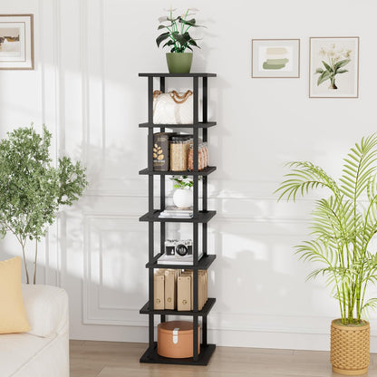 Vertical Tall Shoe Rack Organizer for Entryway -7 Tier Free Standing Slim Narrow Bamboo Wood Corner Stackable Shoe Boots Storage Stand Small Spaces for Closet Garage Cloakroom Living Room (Black)