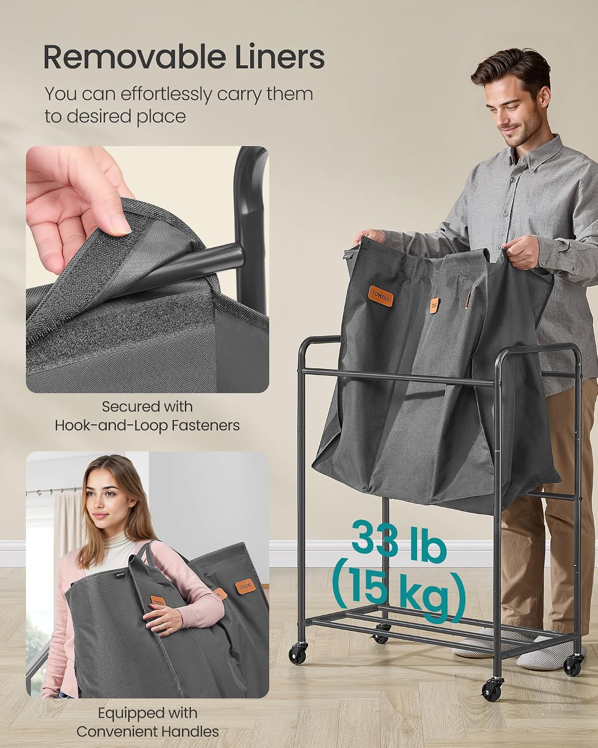 SONGMICS 3-Section Laundry Sorter, Laundry Hamper with Wheels, Rolling Clothes Hamper Cart with Large Capacity and Removable Bags, for Laundry Room, Bedroom, Bathroom, Ink Black URLS330B01